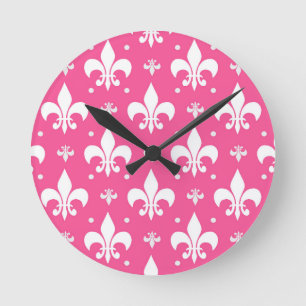 Pink Background Fleur-de-lis Pattern Design Round Clock