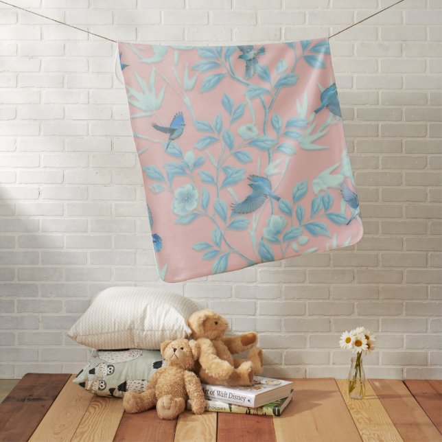 Pink background with birds and flowers baby blanket (In Situ)