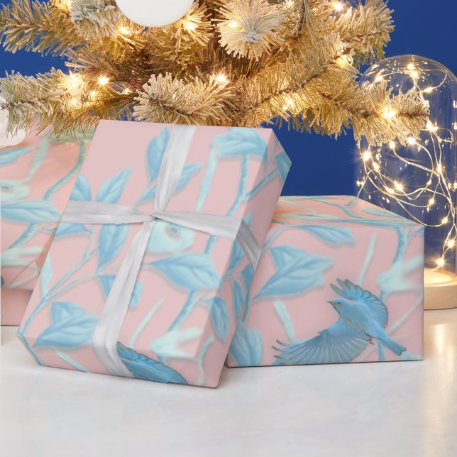 Pink background with birds and flowers wrapping paper (Holidays)