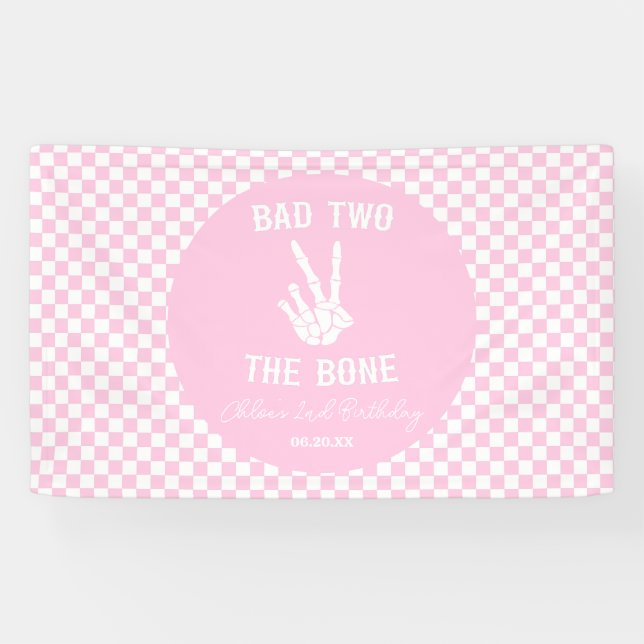 Pink Bad Two The Bone Skeleton 2nd Birthday Party Banner (Horizontal)