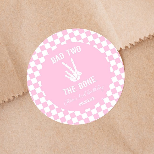 Pink Bad Two The Bone Skeleton 2nd Birthday Party Classic Round Sticker (Creator Uploaded)