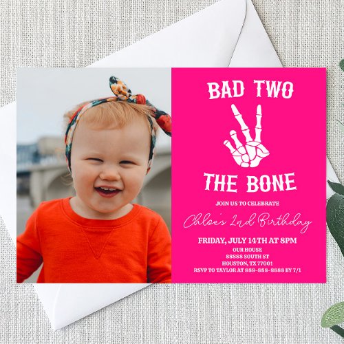 Pink Bad Two The Bone Skeleton 2nd Birthday Party Invitation