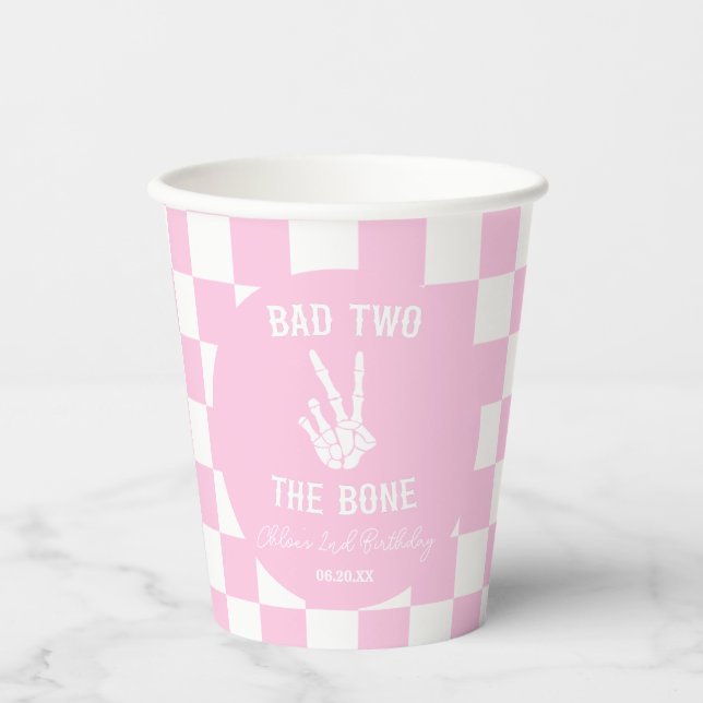 Pink Bad Two The Bone Skeleton 2nd Birthday Party Paper Cups (Front)