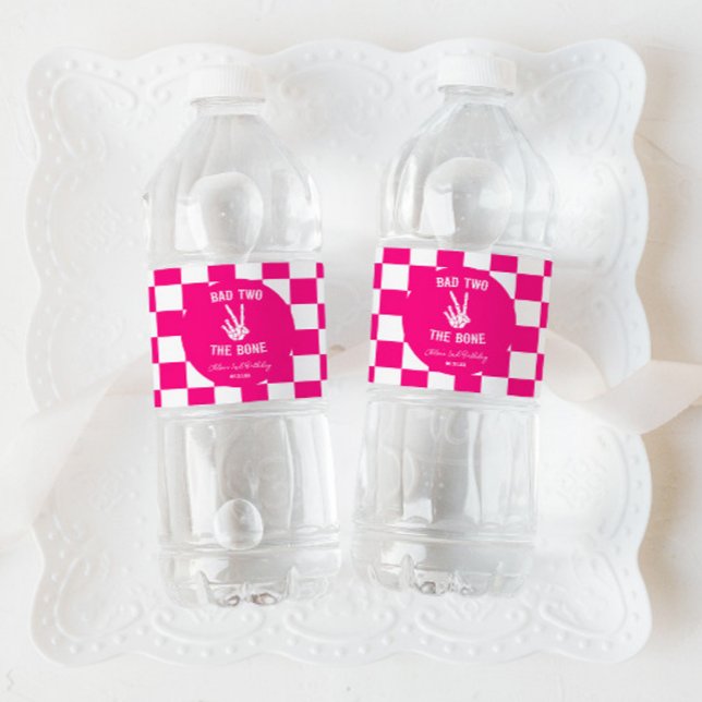 Pink Bad Two The Bone Skeleton 2nd Birthday Party Water Bottle Label (Creator Uploaded)
