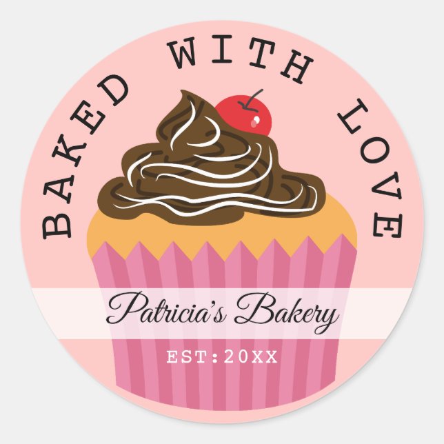 Pink Baked With Love Bakery Name Personalized Classic Round Sticker (Front)