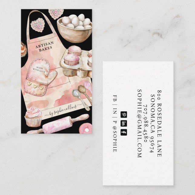 Pink Baker Watercolor Kitchen Items Business Card (Front/Back)