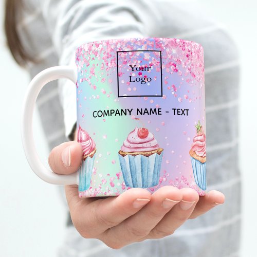 Pink bakery glitter cupcakes logo qr code coffee mug