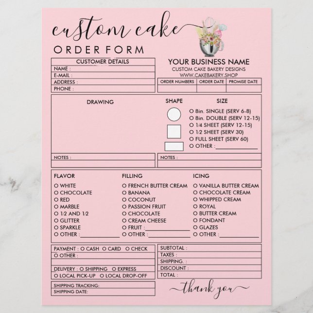 PinK Bakery Modern Illustration Cake Order Form Flyer (Front)
