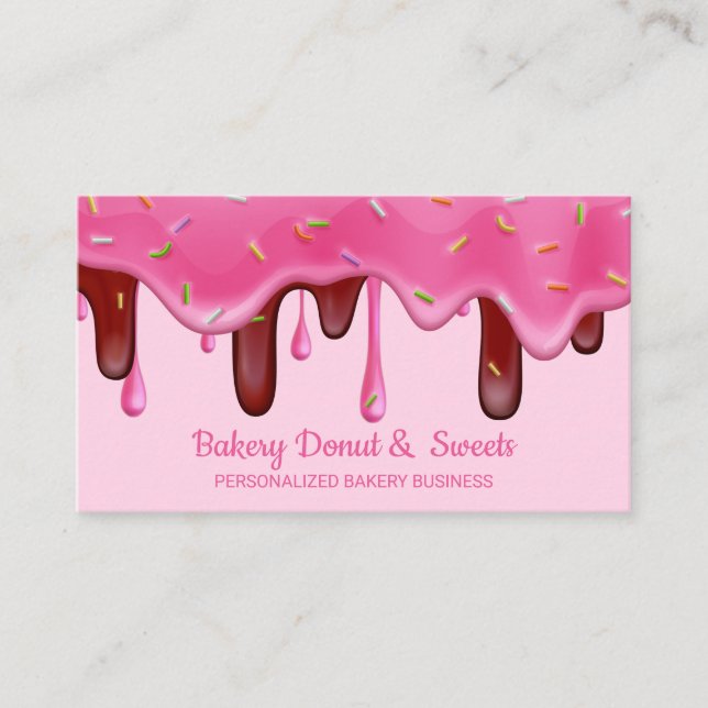 Pink Bakery Pastry Chef Cream Drips Donut sprinkle Business Card (Front)