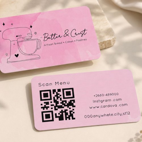 Pink Bakery QR Code Business Card | Watercolor Bak