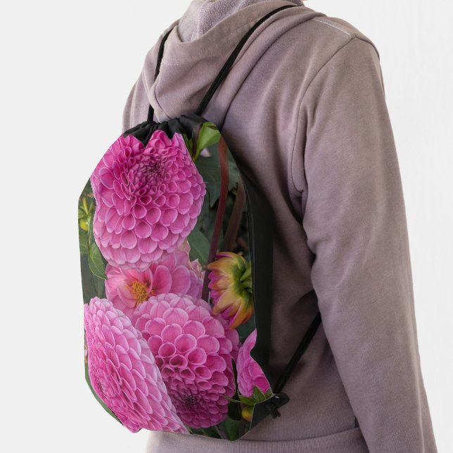 Pink Ball Dahlias Floral Drawstring Bag (Insitu)
