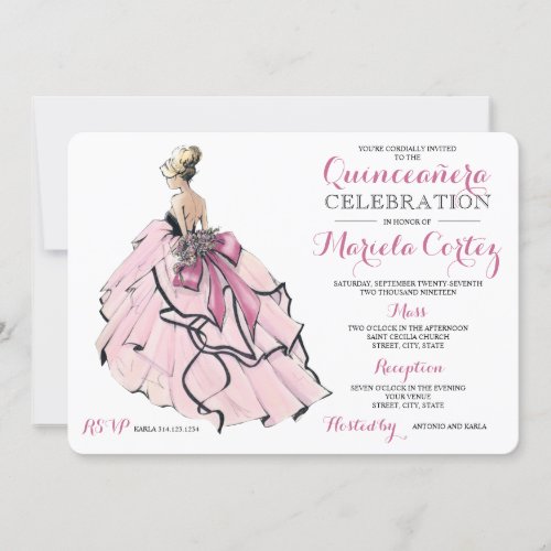 Pink Ball Gown Girl Quinceanera Invitation