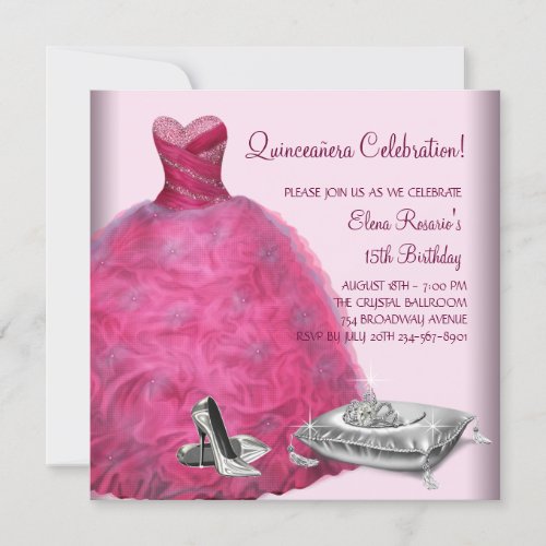 Pink Ball Gown High Heel Shoes Pink Quinceanera Personalized Announcements