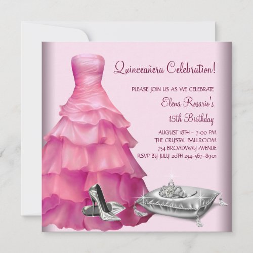 Pink Ball Gown High Heel Shoes Pink Quinceanera Custom Invitation