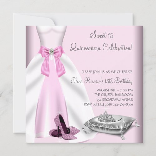 Pink Ball Gown High Heel Shoes Quinceanera Invitations