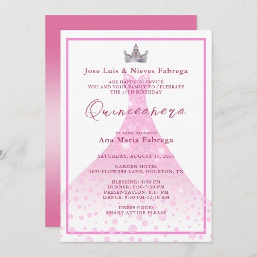 Pink Ball Gown  Tiara Quinceaera Birthday  Invitation