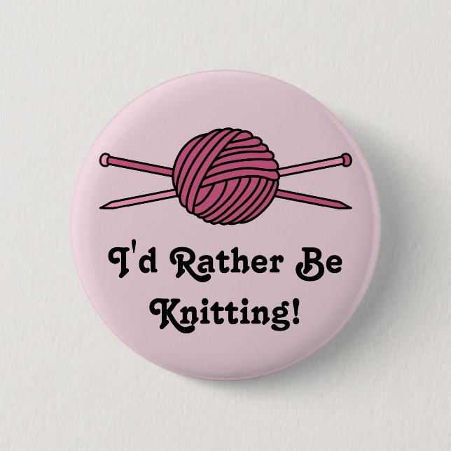 Pink Ball of Yarn & Knitting Needles Button (Front)