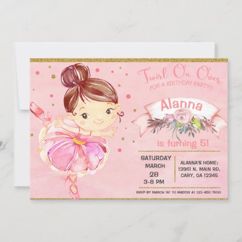 Pink ballerina ballet tutu girl birthday invite invitation