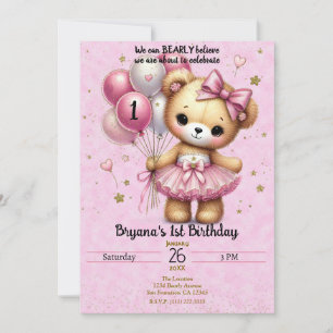 Pink Ballerina Bear Glitter Balloon 1st Birthday Invitation