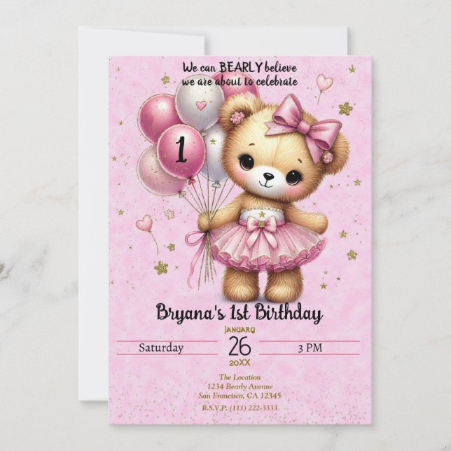 Pink Ballerina Bear Glitter Balloon 1st Birthday  Invitation (Front)