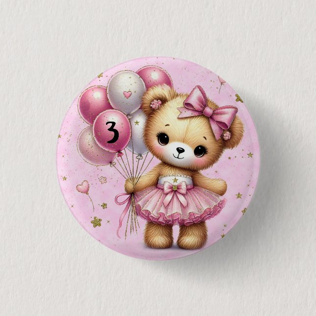 Pink Ballerina Bear Glitter Balloon Birthday Girl Button (Front)