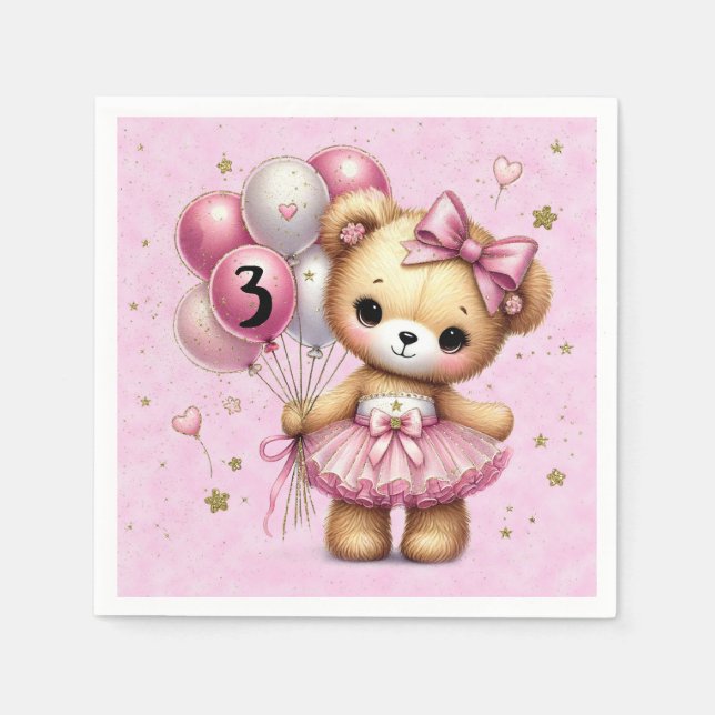 Pink Ballerina Bear Glitter Balloon Birthday Party Napkins (Front)