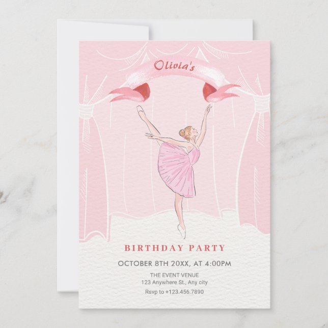 Pink ballerina birthday invitation (Front)