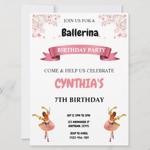 Pink Ballerina Birthday Invitation