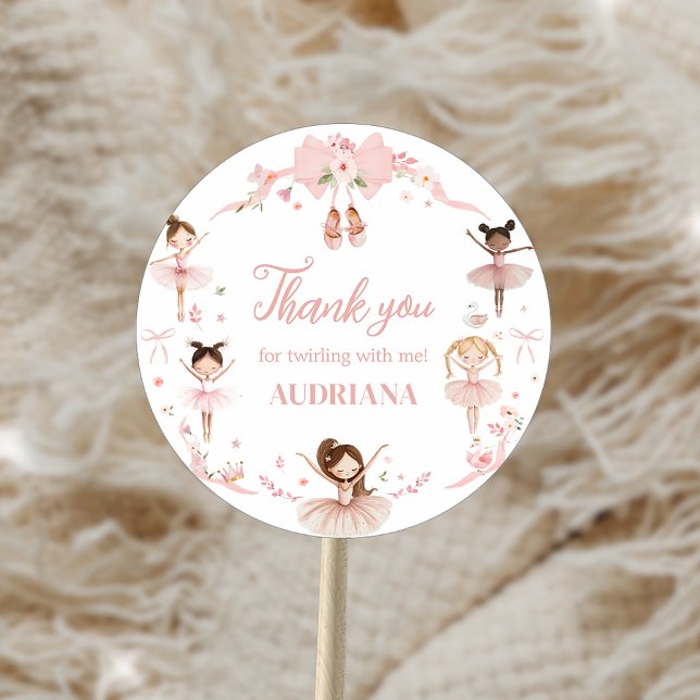 Pink Ballerina Birthday Party Classic Round Sticker (Pink Ballerina Birthday Party Sticker)