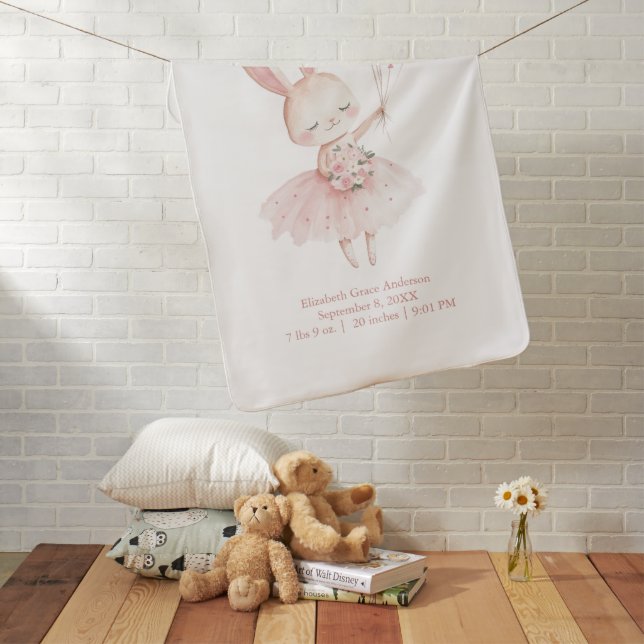 Pink Ballerina Bunny Birth Stats Personalized Baby Baby Blanket (In Situ)