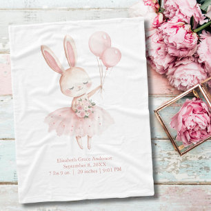 Pink Ballerina Bunny Birth Stats Personalized Baby Fleece Blanket