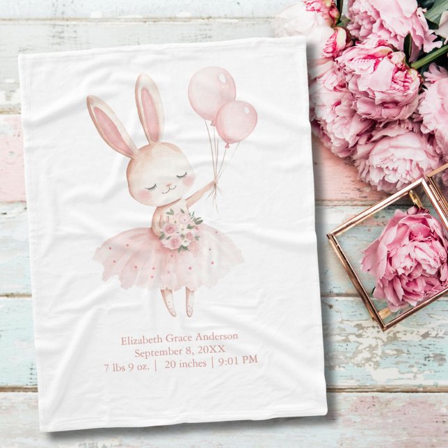Pink Ballerina Bunny Birth Stats Personalized Baby Fleece Blanket (Pink Bunny Ballerina with Pink Flowers and Balloons Birth Stats Baby Girl Baby Blanket)