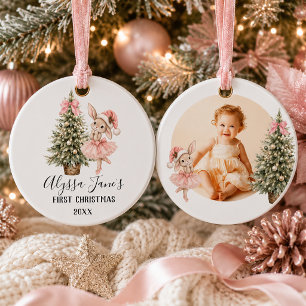 Pink Ballerina Bunny Girl First Christmas Photo Ceramic Ornament