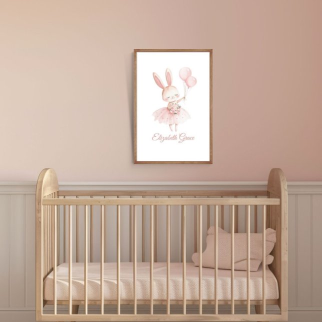Pink Ballerina Bunny Personalized Nursery Wall Art (Pink Ballerina Bunny Personalized Girls Nursery Bedroom Wall Art poster print)