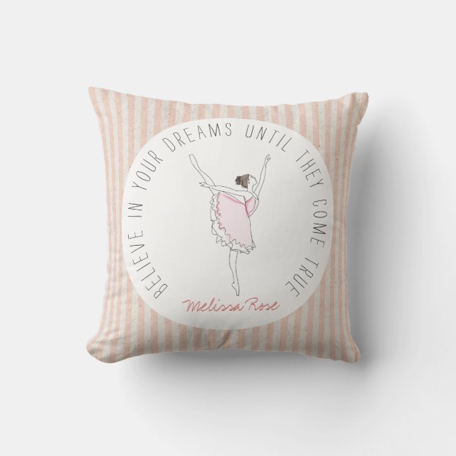 Pink Ballerina Custom Name Believe Dreams Striped Throw Pillow (Front)
