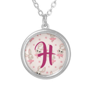 Pink Ballerina Dance Bunny In Tutu Silver Plated Necklace