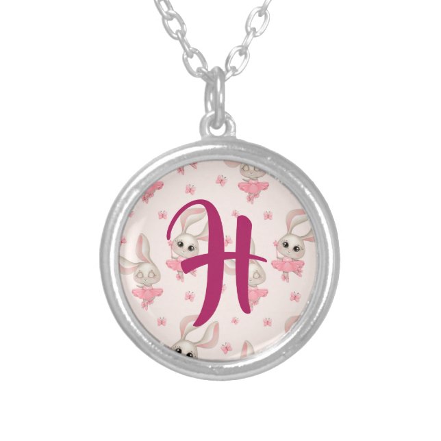 Pink Ballerina Dance Bunny In Tutu Silver Plated Necklace (Front)