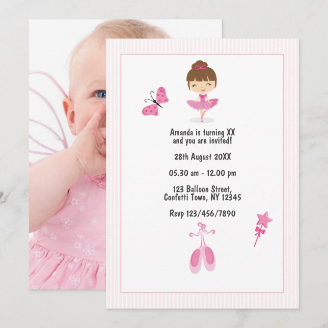 Pink Ballerina Dance Kids Birthday Party Photo Invitation (Front/Back)