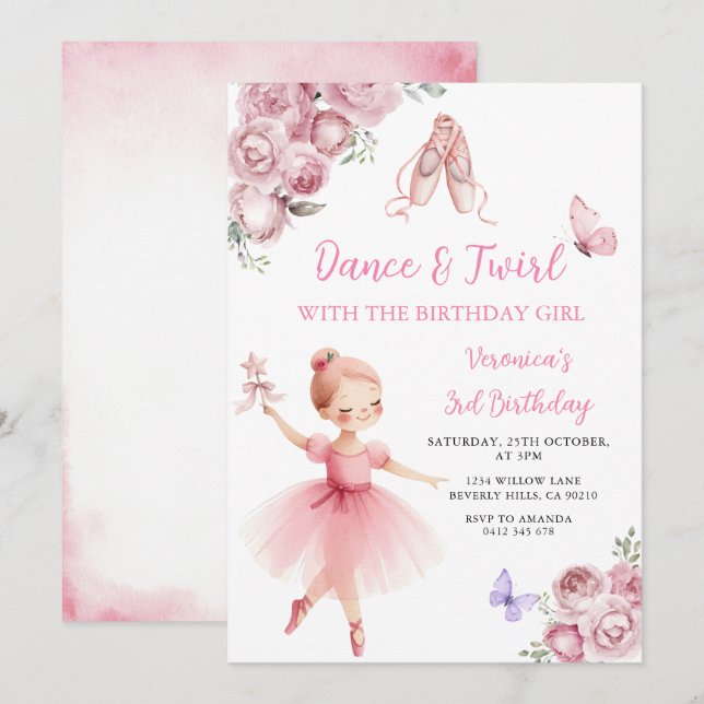 Pink Ballerina Dance & Twirl 3rd Birthday Invitation (Front/Back)