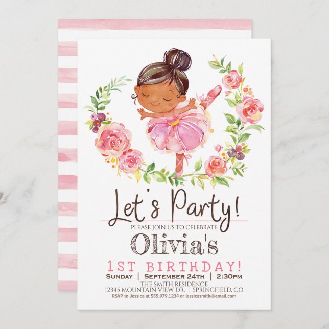 Pink Ballerina Girl Birthday Party Invitation (Front/Back)