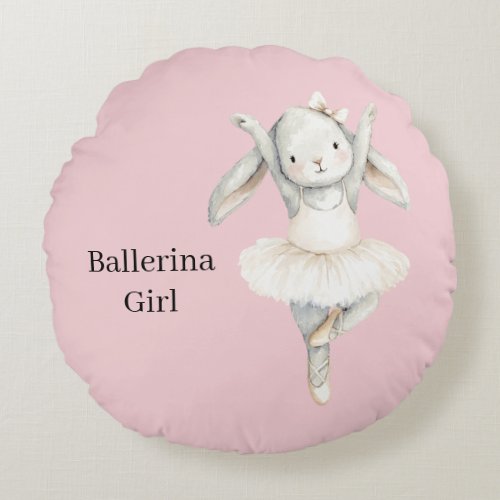 Pink Ballerina Girl Bunny in Tutu Round Pillow