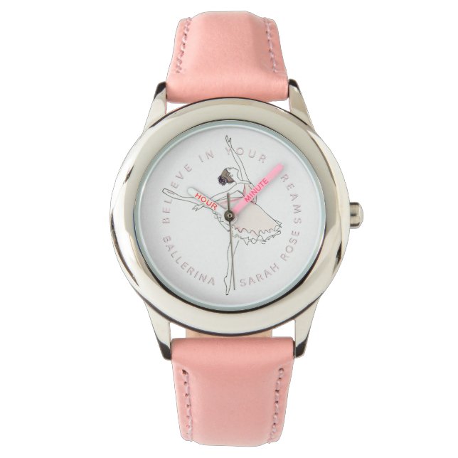 Pink Ballerina Girl Personalized Name Dreams Watch (Front)