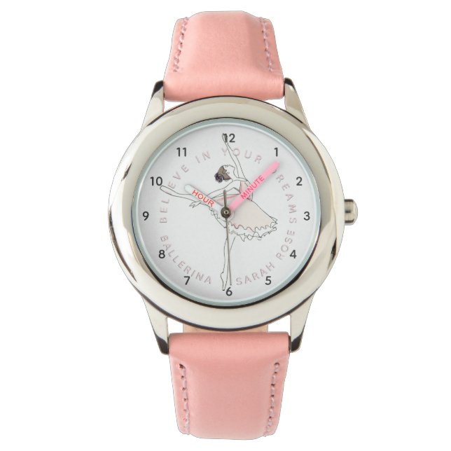 Pink Ballerina Girl Personalized Name Watch (Front)