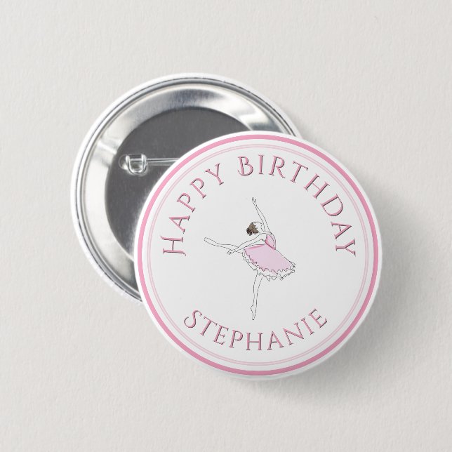 Pink Ballerina Happy Birthday Girl Button (Front & Back)