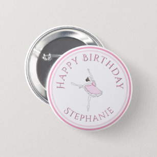 Pink Ballerina Happy Birthday Girl Button