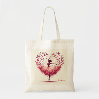 Pink Ballerina Heart Butterflies Custom Name Dance Tote Bag