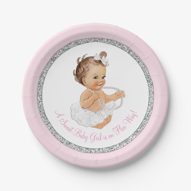 Pink Ballerina Pearl Baby Girl Shower Paper Plates (Front)