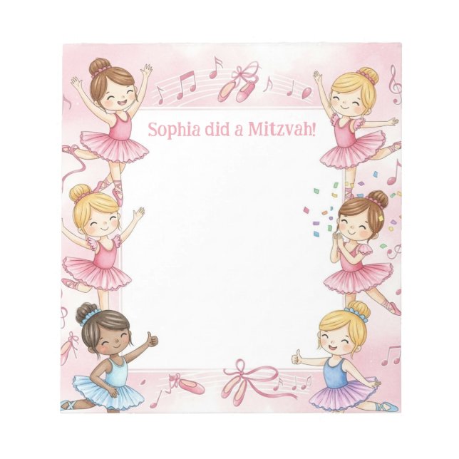 Pink Ballerina Personalized Mitzvah Note pad (Front)