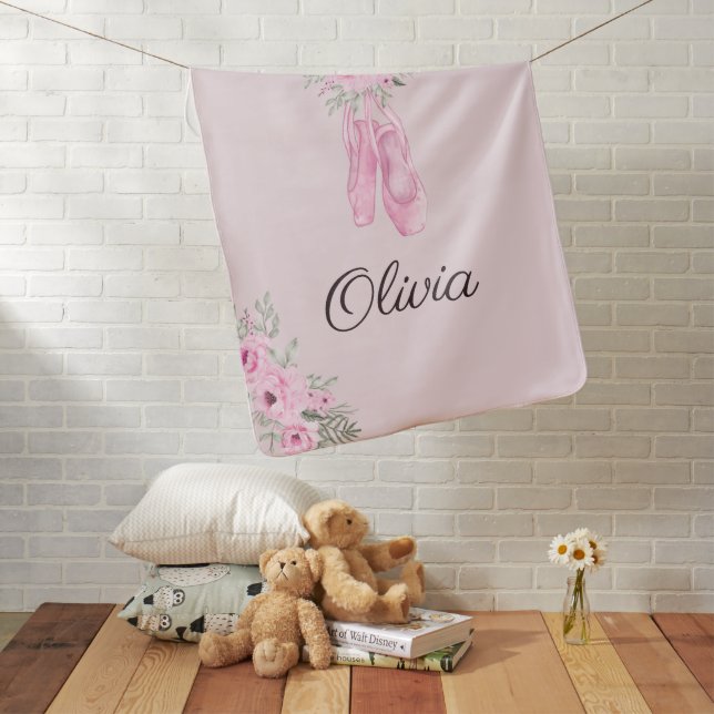 Pink Ballerina Shoes Girls Personalized Name Baby Blanket (In Situ)
