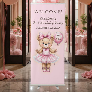 Pink Ballerina Teddy Bear Birthday Welcome Retractable Banner